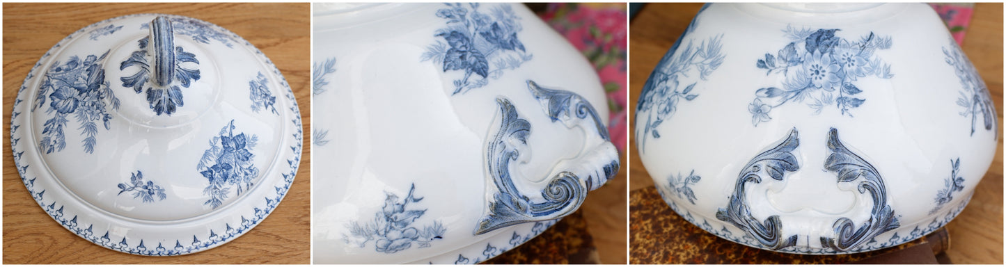 FLORE Motif Sarreguemines U&C French Antique Ironstone Blue Transferware Soup Tureen "Soupiere" Terre de Fer en Faience