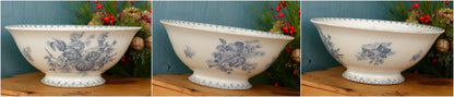 1880s/1900s ~ "FLORE" Sarreguemines U&C ~ French Antique Ironstone Blue Transferware Round Serving Salad Bowl "Saladier Bol Creux" ~ Terre de fer en Faience