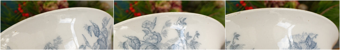 1880s/1900s ~ "FLORE" Sarreguemines U&C ~ French Antique Ironstone Blue Transferware Round Serving Salad Bowl "Saladier Bol Creux" ~ Terre de fer en Faience