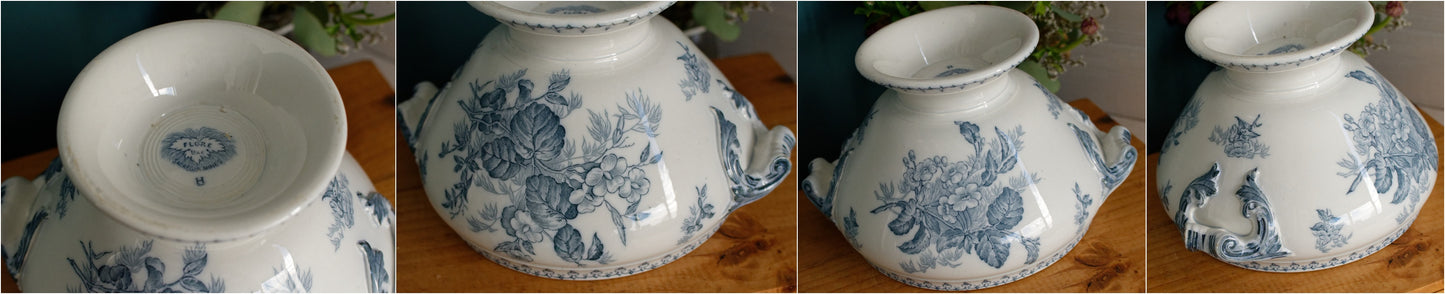 FLORE Sarreguemines U&C French Antique Ironstone Blue Transferware Round Soup Tureen Soupiere Terre de Fer en Faience