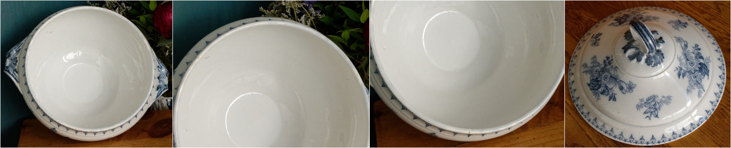 FLORE Sarreguemines U&C French Antique Ironstone Blue Transferware Round Soup Tureen Soupiere Terre de Fer en Faience