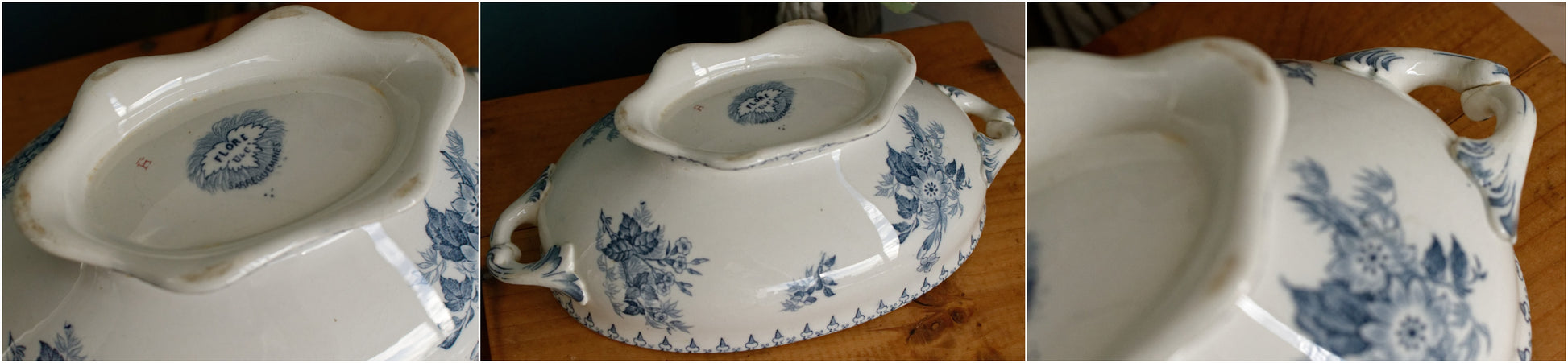 FLORE Sarreguemines U&C French Antique Ironstone Blue Transferware Oval Soup Tureen Soupiere Terre de Fer en Faience