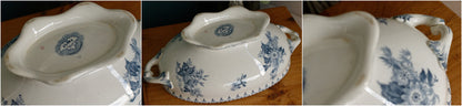FLORE Sarreguemines U&C French Antique Ironstone Blue Transferware Oval Soup Tureen Soupiere Terre de Fer en Faience