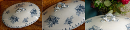 FLORE Sarreguemines U&C French Antique Ironstone Blue Transferware Oval Soup Tureen Soupiere Terre de Fer en Faience
