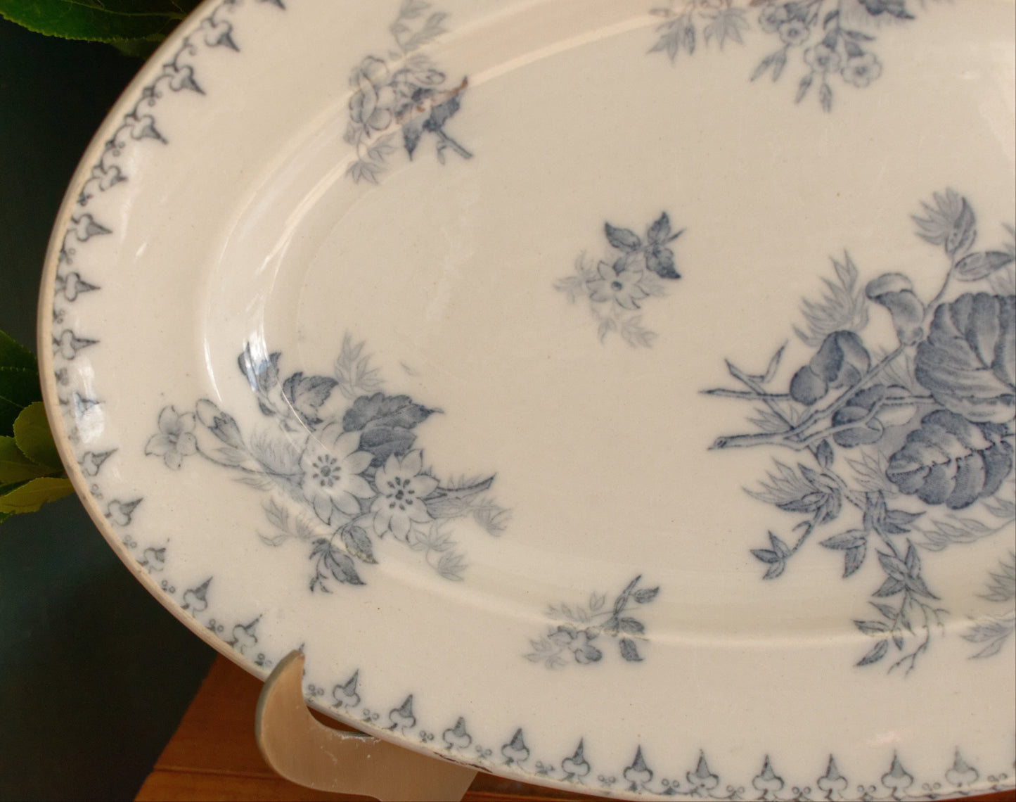 FLORE Sarreguemines U&C French Antique Ironstone Blue Transferware Oval Serving Plate Terre de Fer en Faience
