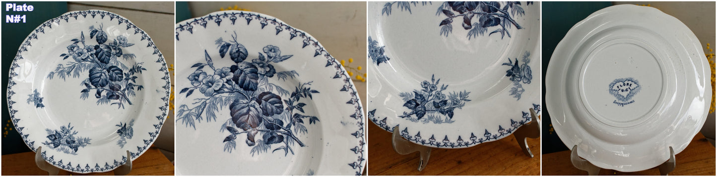 1880s/1900s ~ "FLORE" Sarreguemines U&C ~ French Antique Ironstone Blue Transferware Soup Plate ~ Scalloped Edge Terre de Fer en Faience