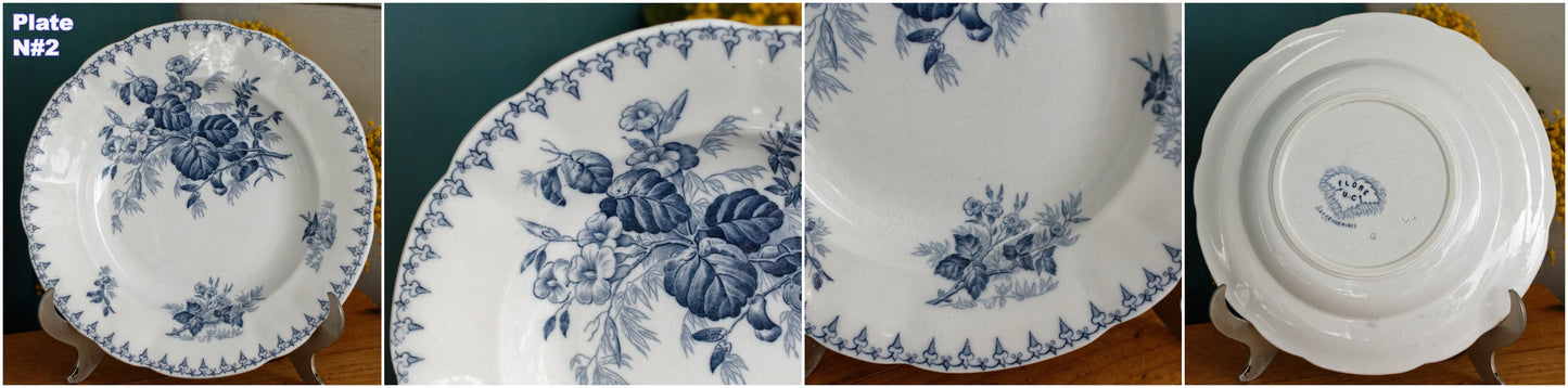 1880s/1900s ~ "FLORE" Sarreguemines U&C ~ French Antique Ironstone Blue Transferware Soup Plate ~ Scalloped Edge Terre de Fer en Faience