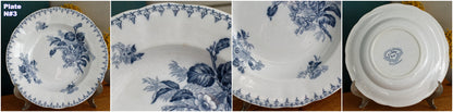 1880s/1900s ~ "FLORE" Sarreguemines U&C ~ French Antique Ironstone Blue Transferware Soup Plate ~ Scalloped Edge Terre de Fer en Faience