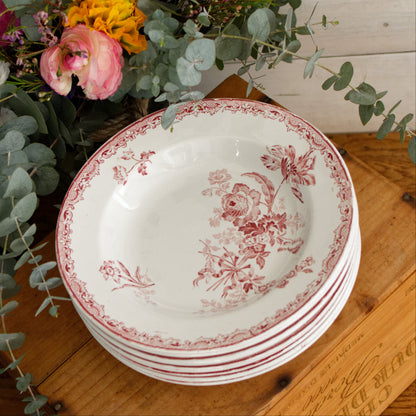 FONTANGES Motif Sarreguemines U&CFrench Antique Ironstone Red Transferware Soup Plate Assiette Creuse Terre de Fer en Faience