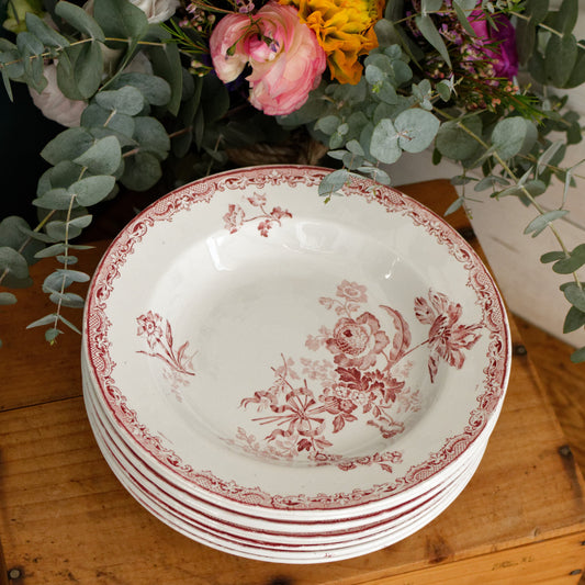 FONTANGES Motif Sarreguemines U&CFrench Antique Ironstone Red Transferware Soup Plate Assiette Creuse Terre de Fer en Faience
