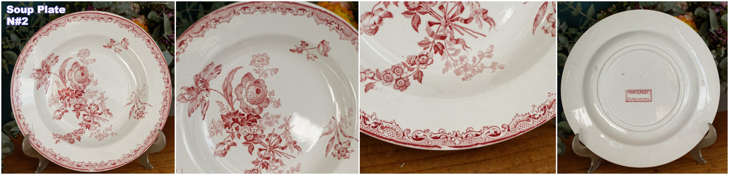 FONTANGES Motif Sarreguemines U&CFrench Antique Ironstone Red Transferware Soup Plate Assiette Creuse Terre de Fer en Faience