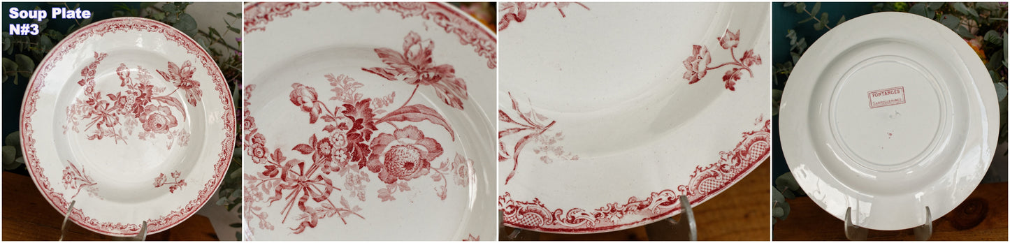 FONTANGES Motif Sarreguemines U&CFrench Antique Ironstone Red Transferware Soup Plate Assiette Creuse Terre de Fer en Faience