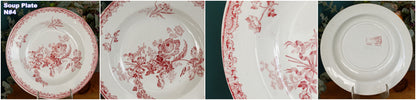 FONTANGES Motif Sarreguemines U&CFrench Antique Ironstone Red Transferware Soup Plate Assiette Creuse Terre de Fer en Faience