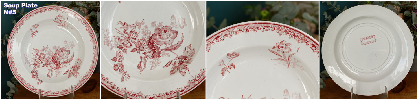FONTANGES Motif Sarreguemines U&CFrench Antique Ironstone Red Transferware Soup Plate Assiette Creuse Terre de Fer en Faience