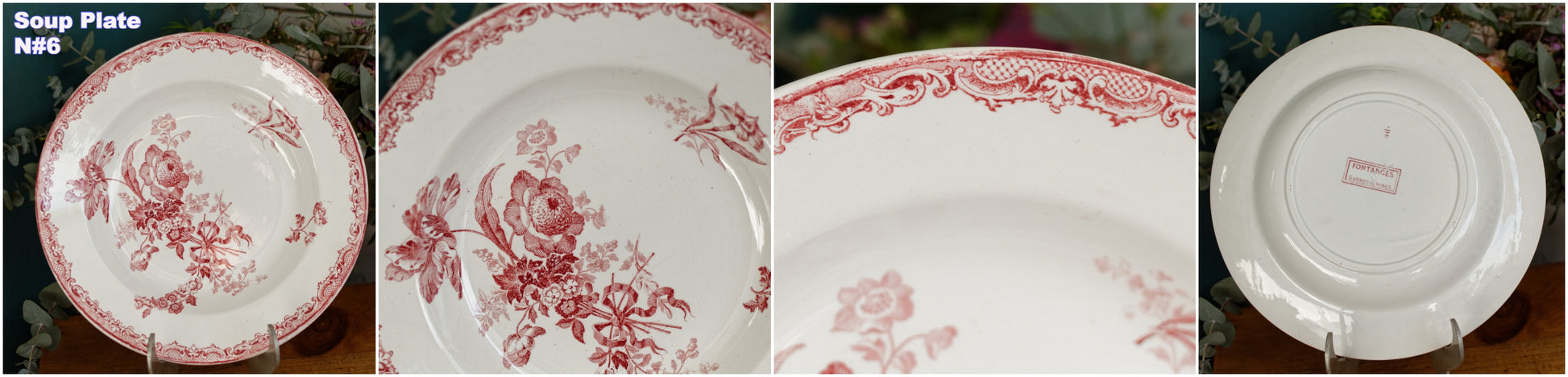 FONTANGES Motif Sarreguemines U&CFrench Antique Ironstone Red Transferware Soup Plate Assiette Creuse Terre de Fer en Faience