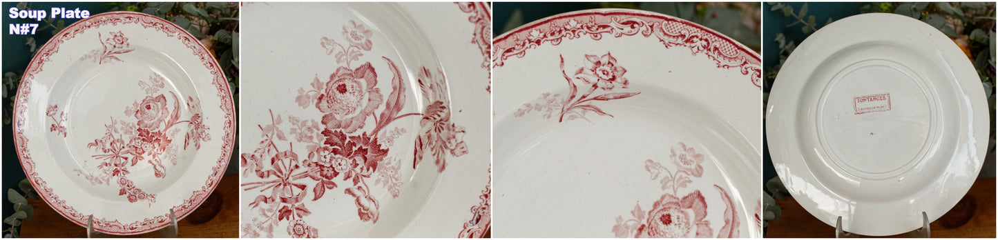 FONTANGES Motif Sarreguemines U&CFrench Antique Ironstone Red Transferware Soup Plate Assiette Creuse Terre de Fer en Faience