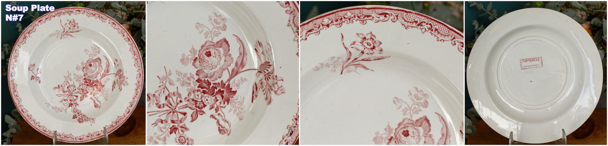 FONTANGES Motif Sarreguemines U&CFrench Antique Ironstone Red Transferware Soup Plate Assiette Creuse Terre de Fer en Faience