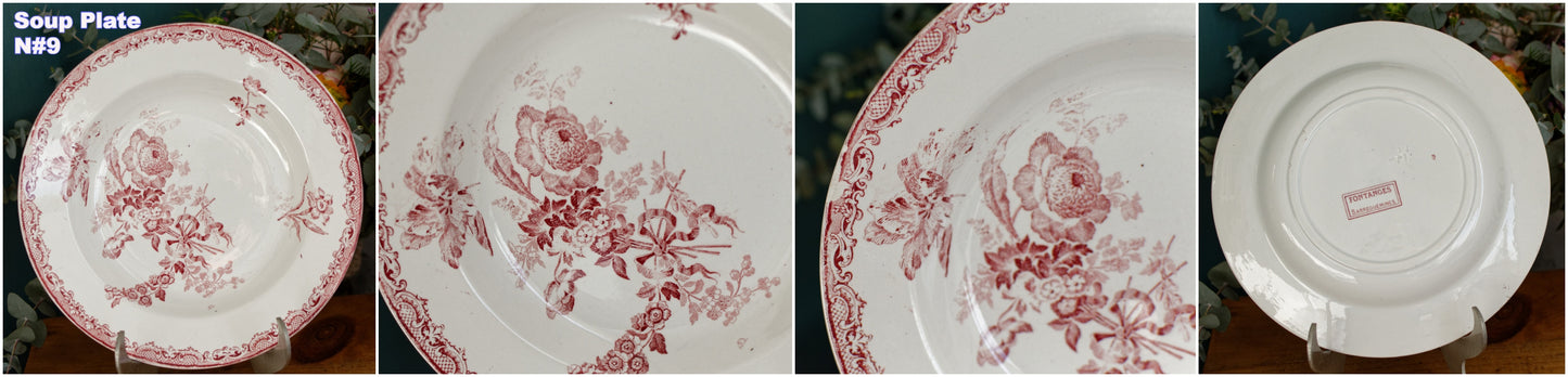 FONTANGES Motif Sarreguemines U&CFrench Antique Ironstone Red Transferware Soup Plate Assiette Creuse Terre de Fer en Faience