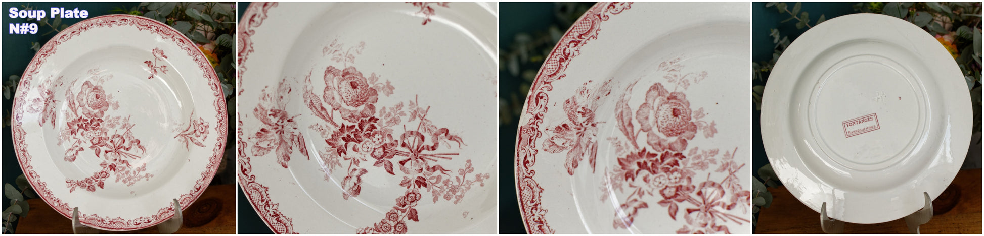 FONTANGES Motif Sarreguemines U&CFrench Antique Ironstone Red Transferware Soup Plate Assiette Creuse Terre de Fer en Faience