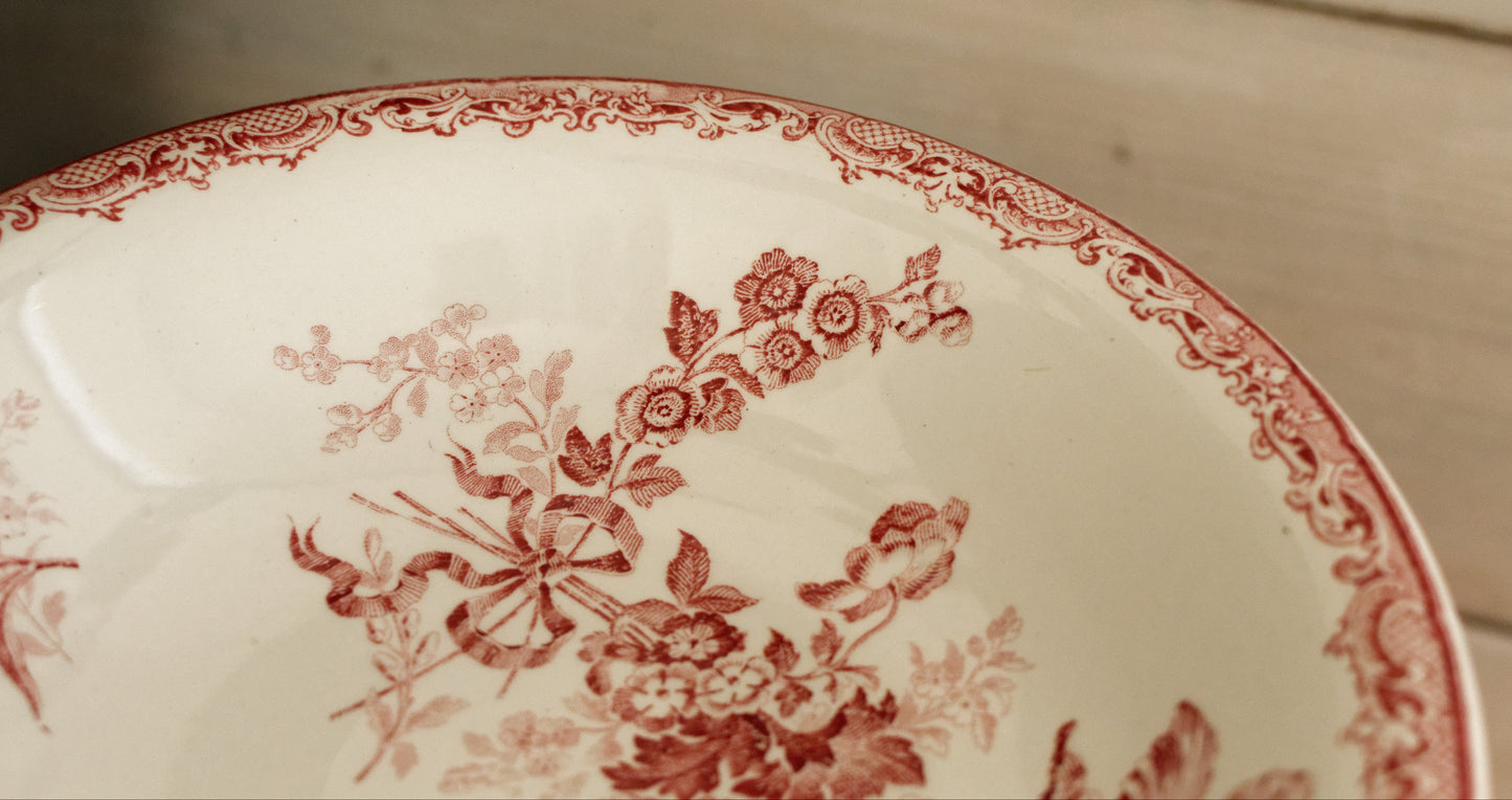 1920s FONTANGES Motif Sarreguemines French Antique Ironstone Red Transferware Footed Fruit Bowl COMPOTIER Terre de Fer en Faience