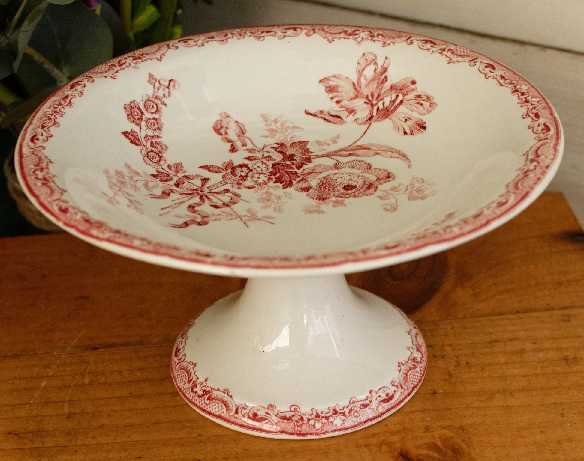 1920s FONTANGES Motif Sarreguemines French Antique Ironstone Red Transferware Footed Fruit Bowl COMPOTIER Terre de Fer en Faience