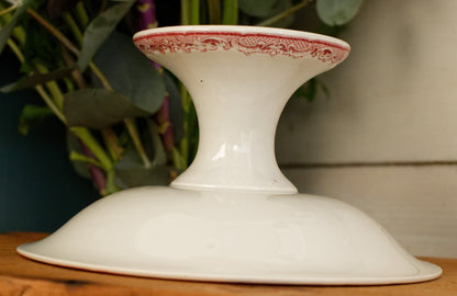 1920s FONTANGES Motif Sarreguemines French Antique Ironstone Red Transferware Footed Fruit Bowl COMPOTIER Terre de Fer en Faience