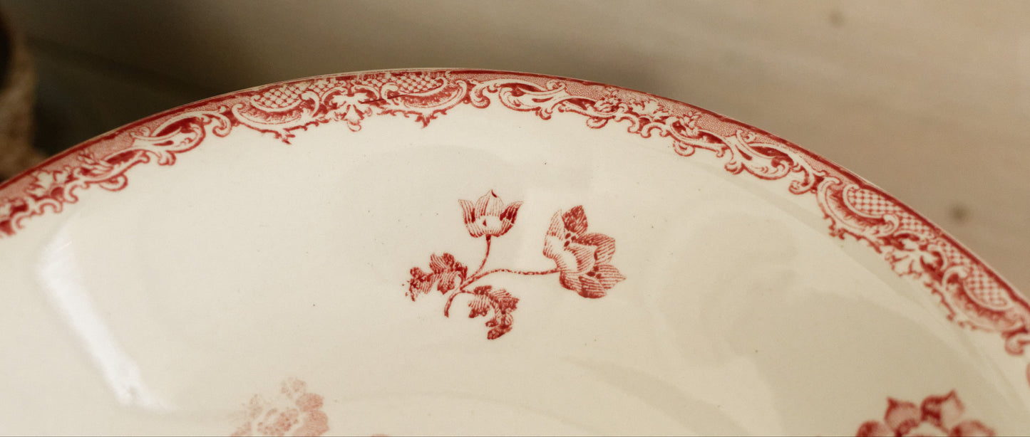 1920s ~ "FONTANGES" Sarreguemines ~ French Antique Ironstone Red Transferware Footed Fruit Bowl "COMPOTIER" ~ Terre de Fer en Faience