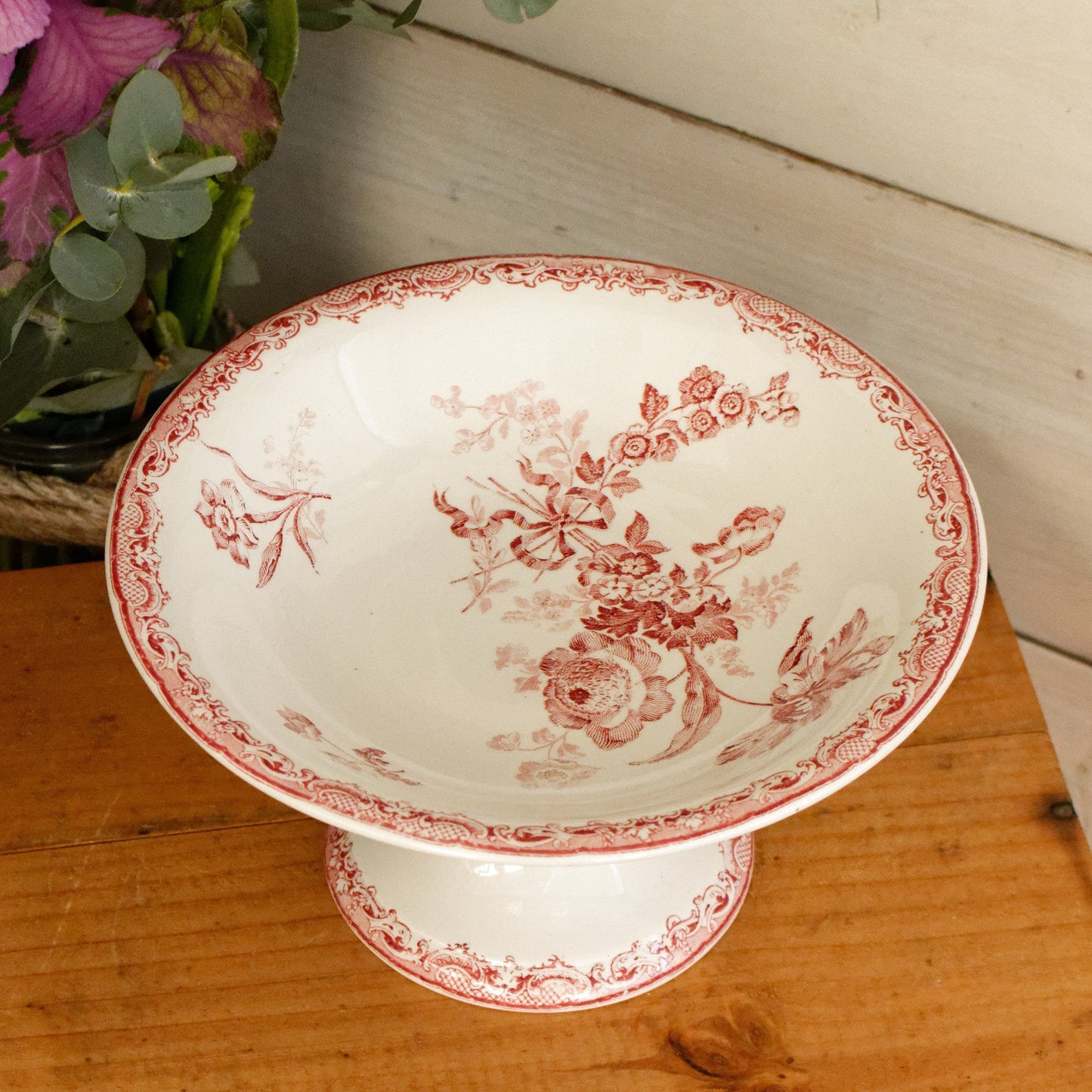 1920s FONTANGES Motif Sarreguemines French Antique Ironstone Red Transferware Footed Fruit Bowl COMPOTIER Terre de Fer en Faience