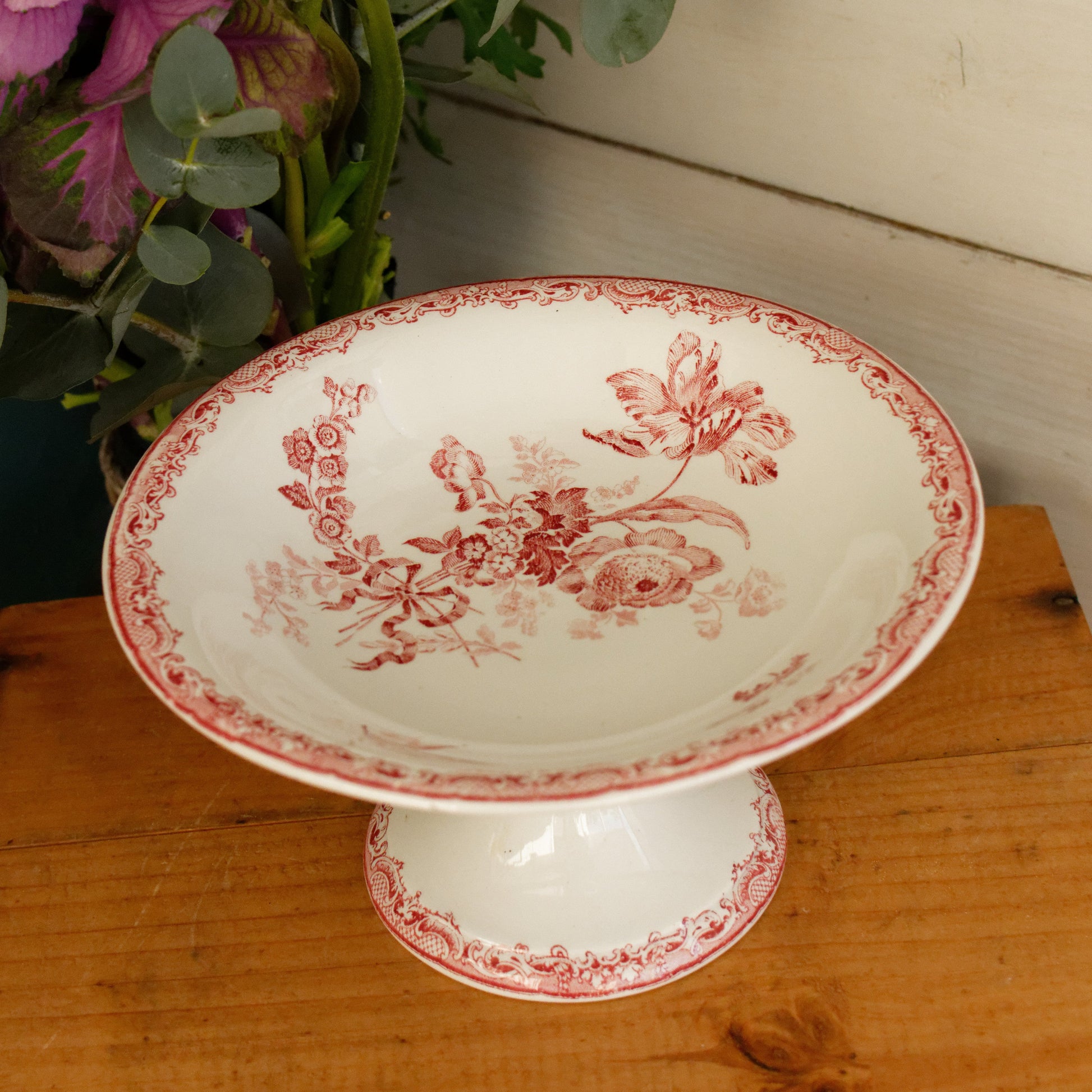 1920s FONTANGES Motif Sarreguemines French Antique Ironstone Red Transferware Footed Fruit Bowl COMPOTIER Terre de Fer en Faience