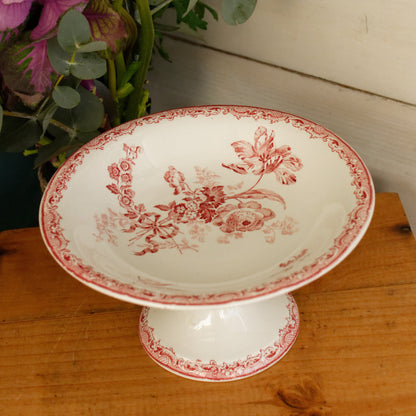 1920s FONTANGES Motif Sarreguemines French Antique Ironstone Red Transferware Footed Fruit Bowl COMPOTIER Terre de Fer en Faience