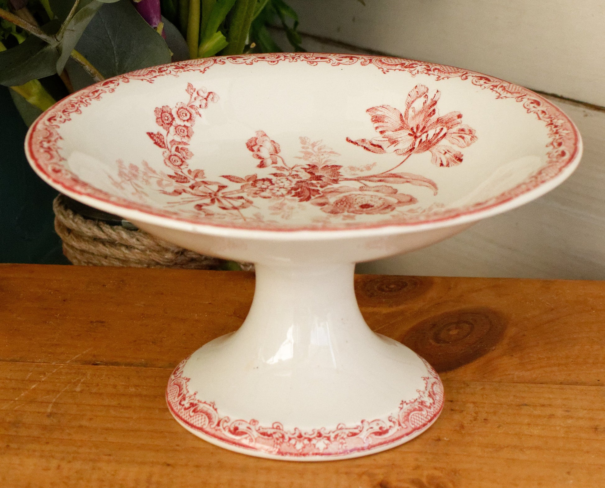 1920s FONTANGES Motif Sarreguemines French Antique Ironstone Red Transferware Footed Fruit Bowl COMPOTIER Terre de Fer en Faience