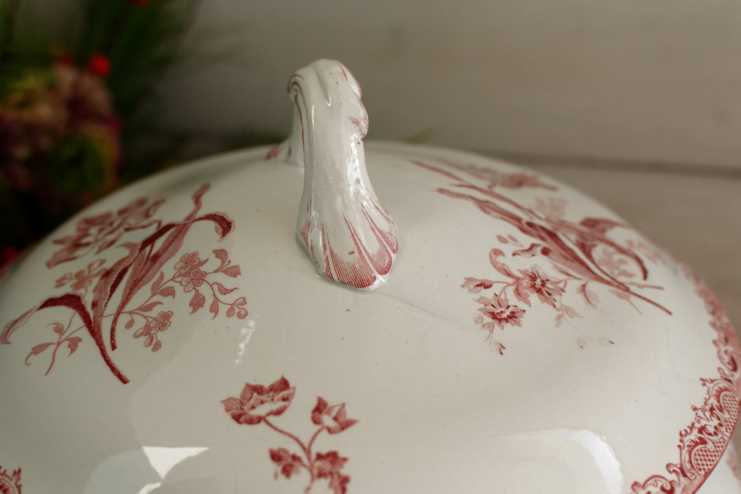 FONTANGES Motif SARREGUEMINES U&C French Antique Ironstone Red Transferware Larger Soup Tureen "Soupiere" Terre de Fer Faience
