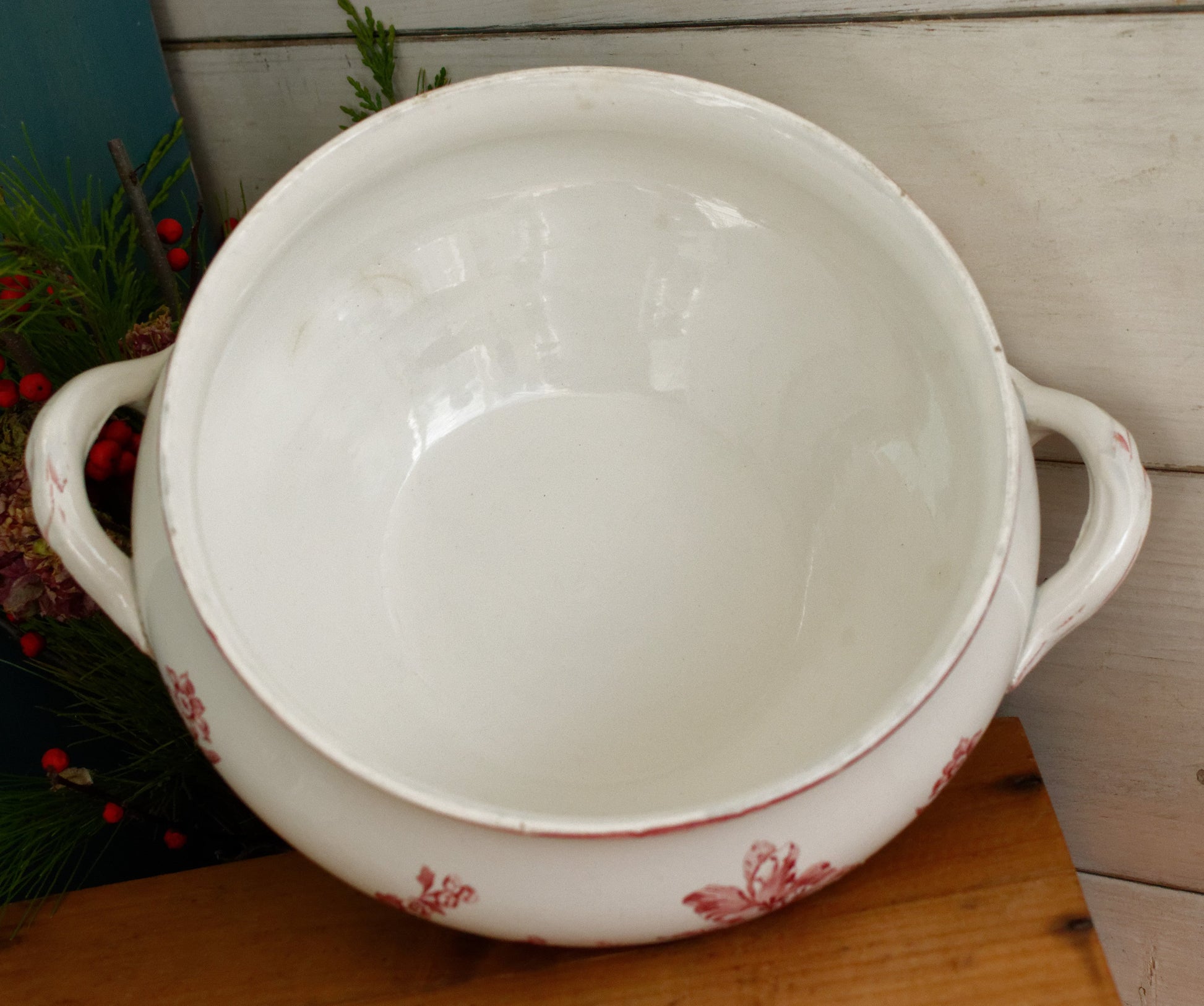 FONTANGES Motif SARREGUEMINES U&C French Antique Ironstone Red Transferware Larger Soup Tureen "Soupiere" Terre de Fer Faience