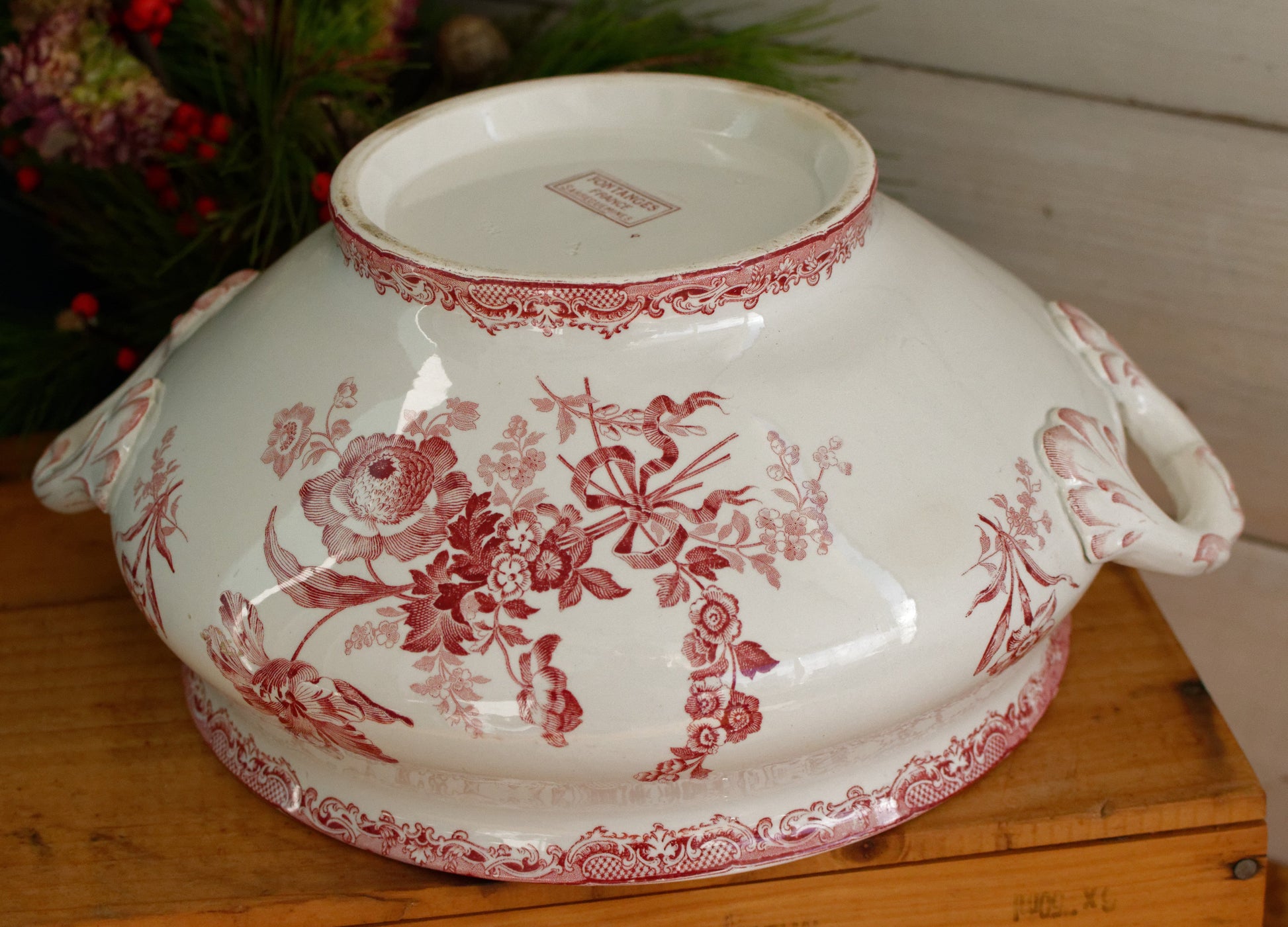 FONTANGES Motif SARREGUEMINES U&C French Antique Ironstone Red Transferware Larger Soup Tureen "Soupiere" Terre de Fer Faience