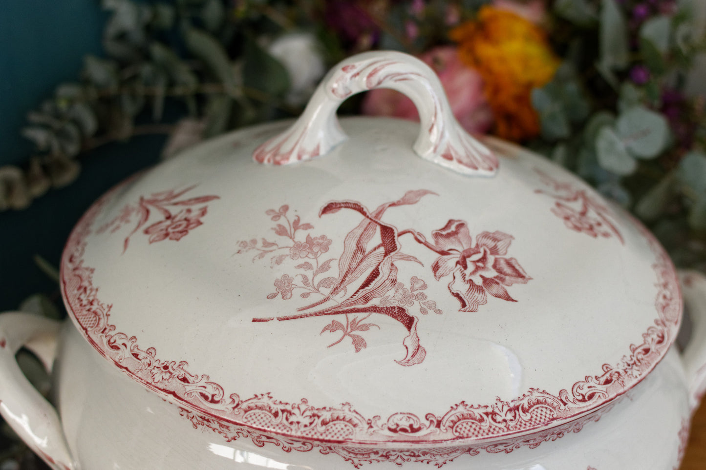 FONTANGES Motif SARREGUEMINES U&C French Antique Ironstone Red Transferware Larger Soup Tureen Soupiere Terre de Fer Faience