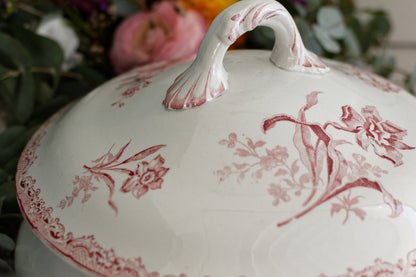 FONTANGES Motif SARREGUEMINES U&C French Antique Ironstone Red Transferware Larger Soup Tureen Soupiere Terre de Fer Faience