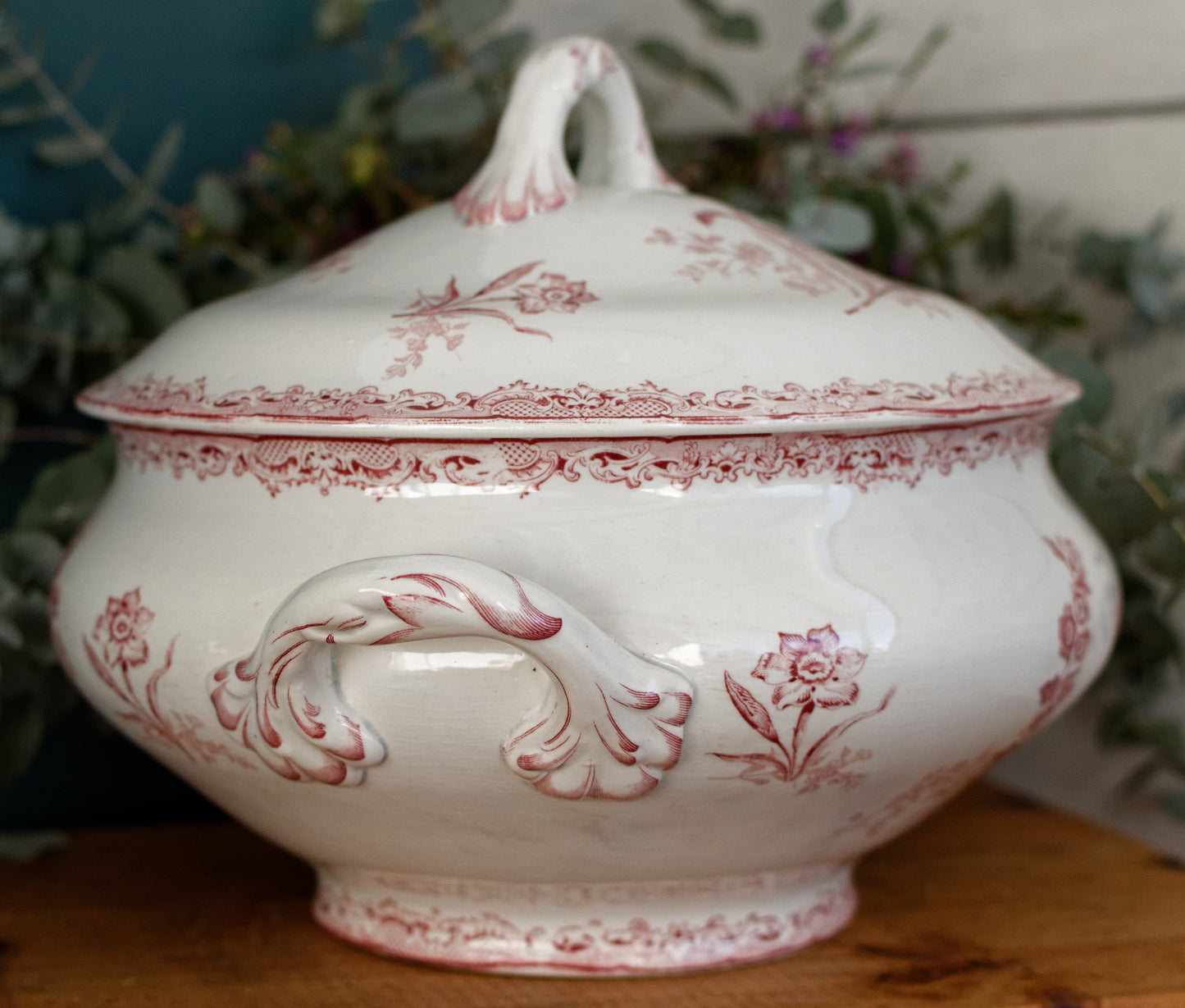 FONTANGES Motif SARREGUEMINES U&C French Antique Ironstone Red Transferware Larger Soup Tureen Soupiere Terre de Fer Faience