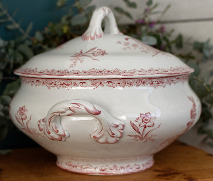 FONTANGES Motif SARREGUEMINES U&C French Antique Ironstone Red Transferware Larger Soup Tureen Soupiere Terre de Fer Faience