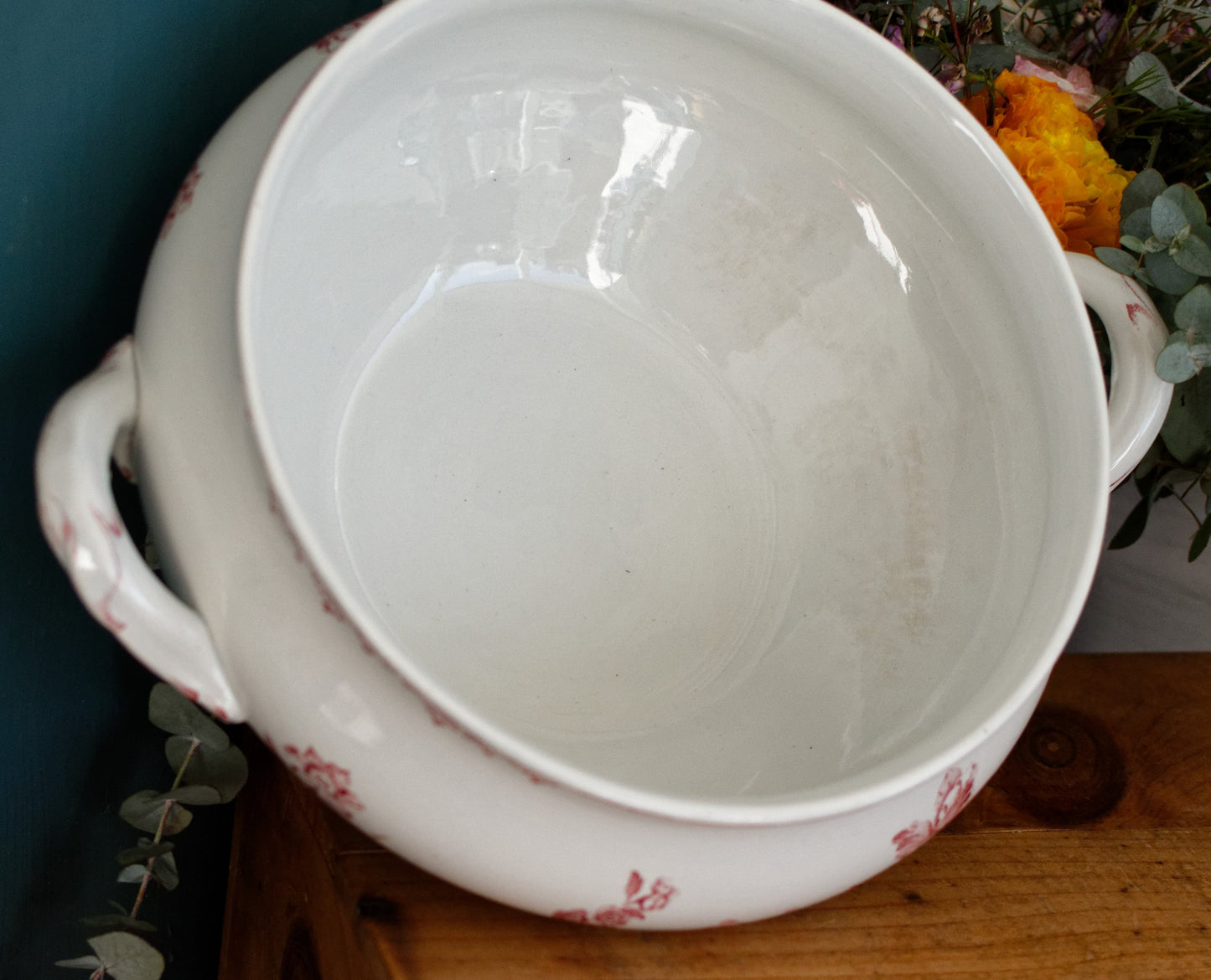 FONTANGES Motif SARREGUEMINES U&C French Antique Ironstone Red Transferware Larger Soup Tureen Soupiere Terre de Fer Faience