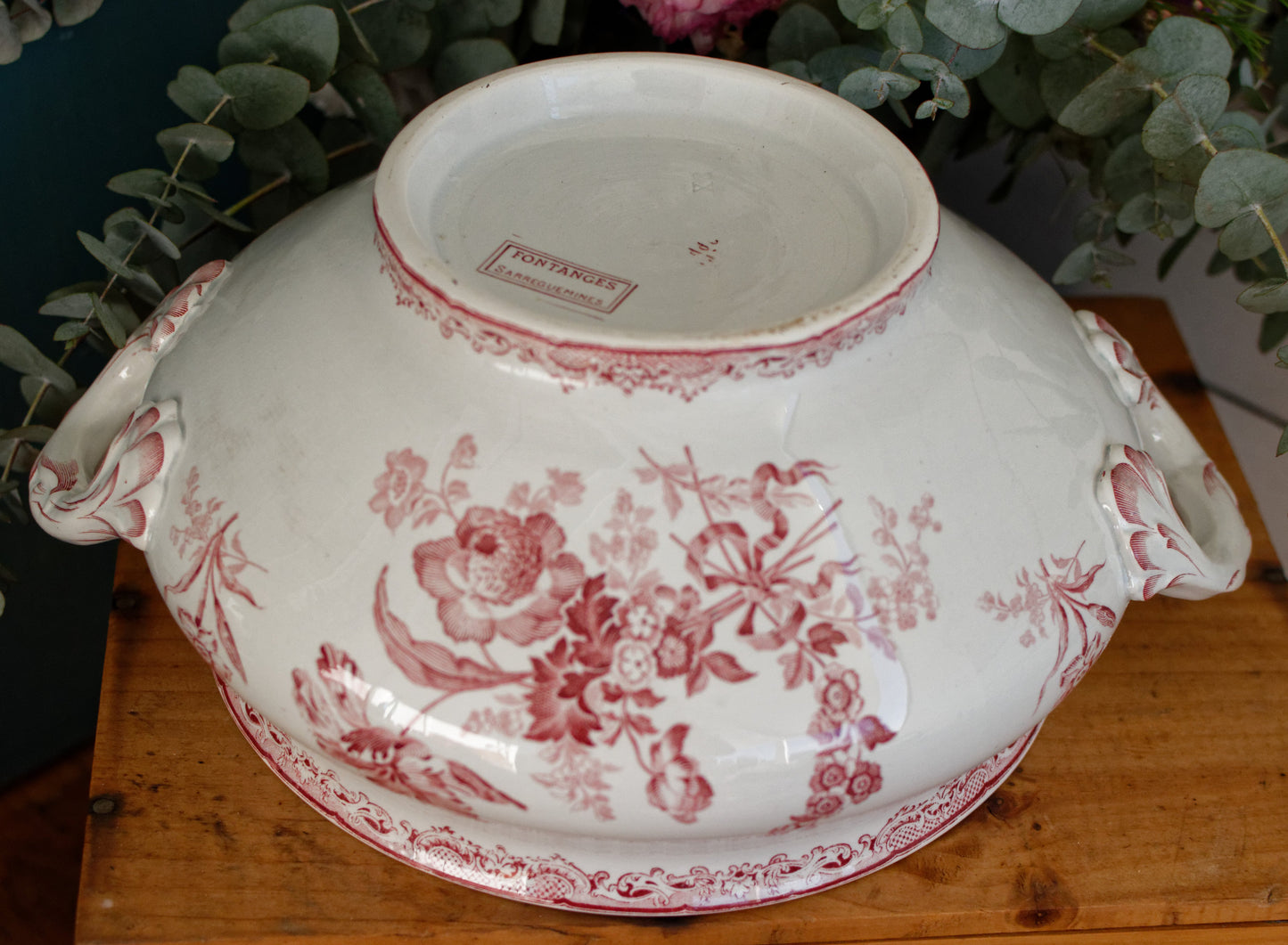 FONTANGES Motif SARREGUEMINES U&C French Antique Ironstone Red Transferware Larger Soup Tureen Soupiere Terre de Fer Faience