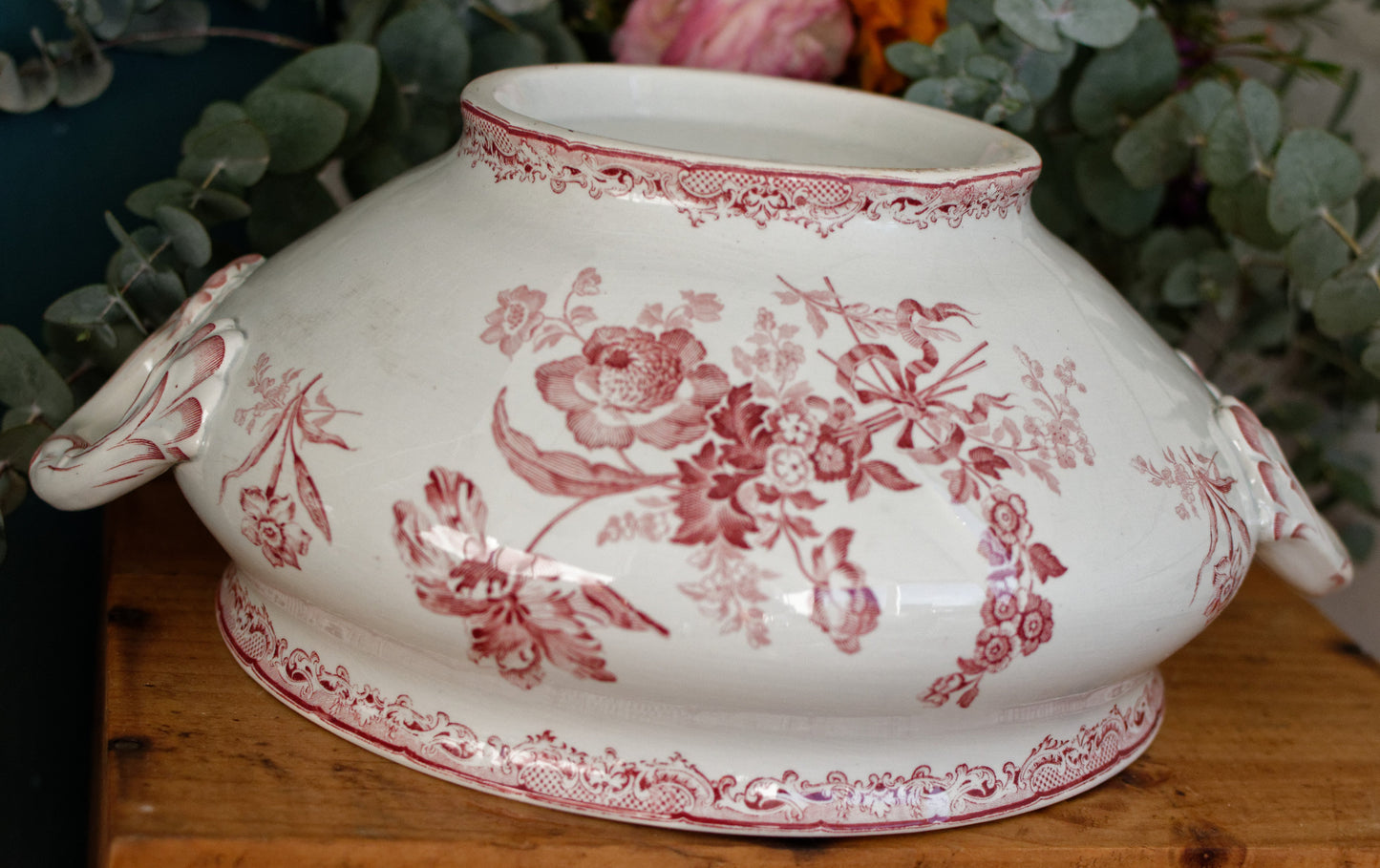 FONTANGES Motif SARREGUEMINES U&C French Antique Ironstone Red Transferware Larger Soup Tureen Soupiere Terre de Fer Faience