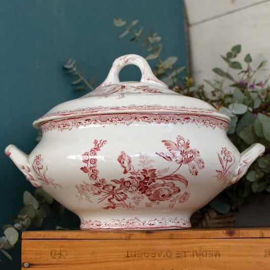 FONTANGES Motif SARREGUEMINES U&C French Antique Ironstone Red Transferware Larger Soup Tureen Soupiere Terre de Fer Faience