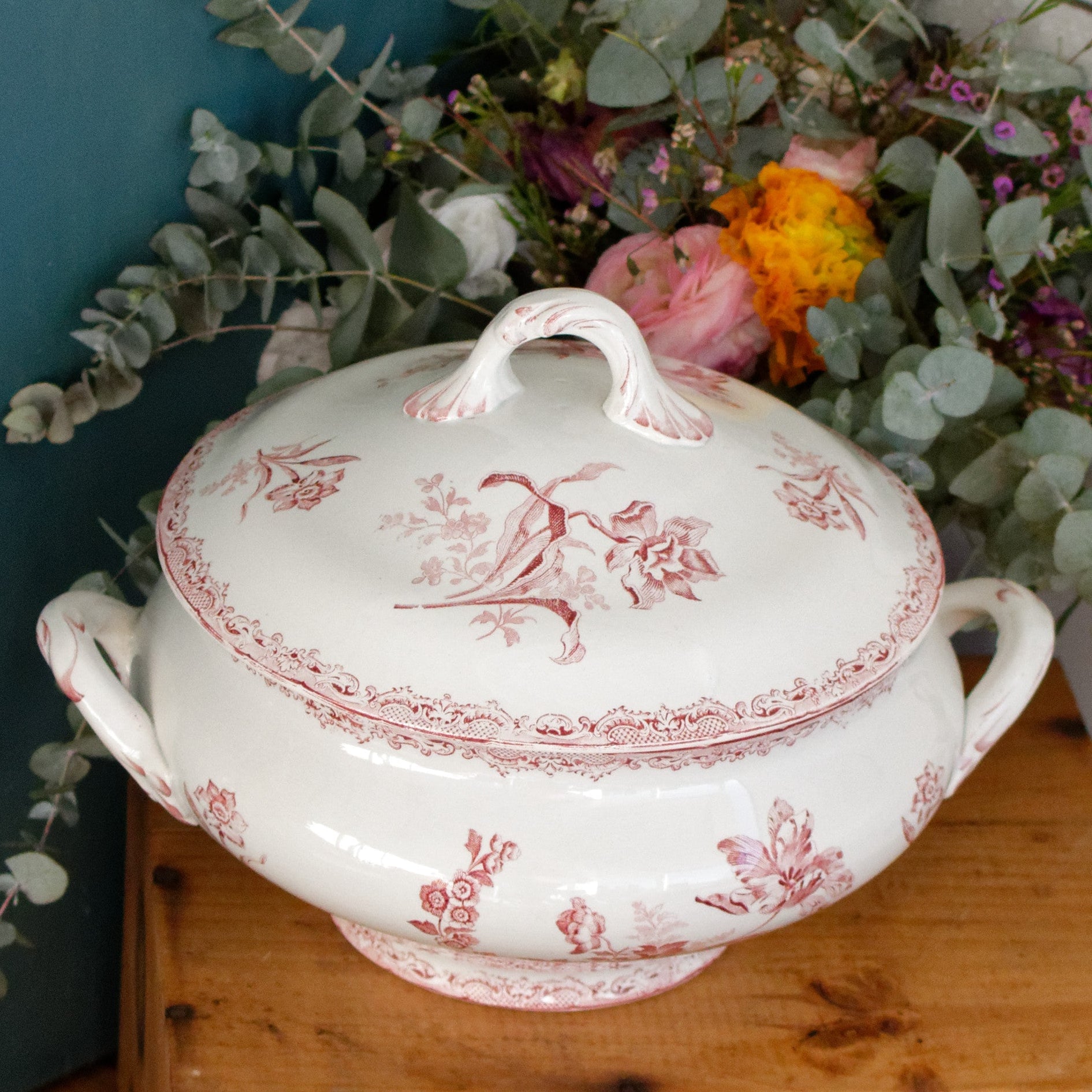 FONTANGES Motif SARREGUEMINES U&C French Antique Ironstone Red Transferware Larger Soup Tureen Soupiere Terre de Fer Faience