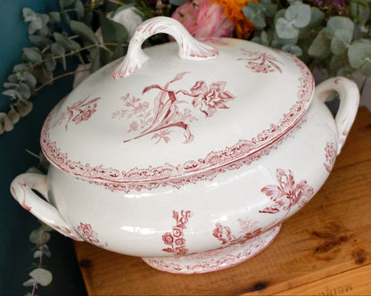 FONTANGES Motif SARREGUEMINES U&C French Antique Ironstone Red Transferware Larger Soup Tureen Soupiere Terre de Fer Faience