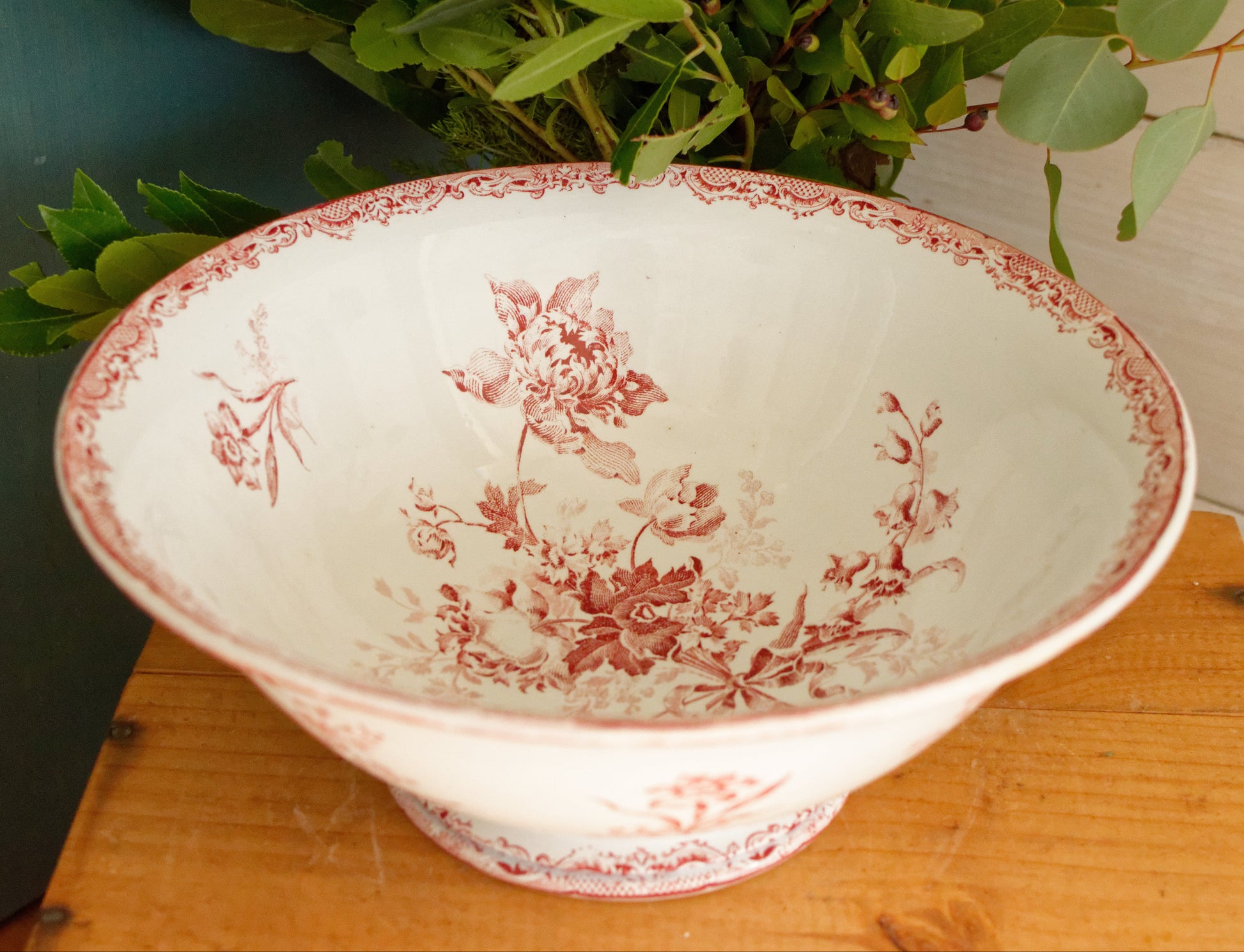 FONTANGES Sarreguemines French Antique Ironstone Red Transferware Round Serving Piece Terre de Fer en Faience