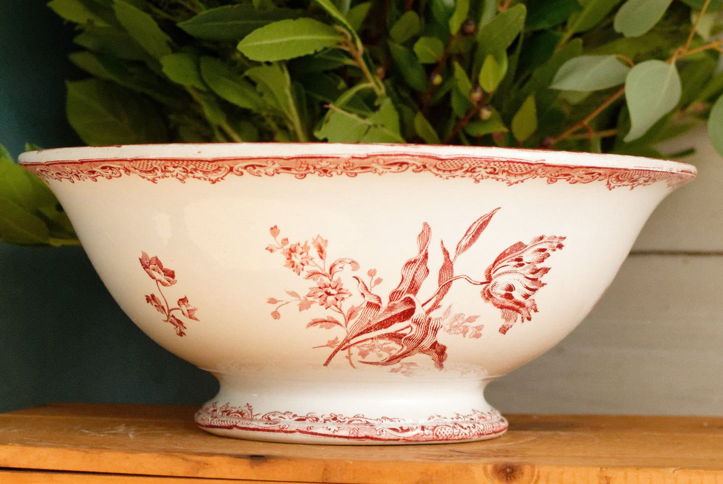 FONTANGES Sarreguemines French Antique Ironstone Red Transferware Round Serving Piece Terre de Fer en Faience