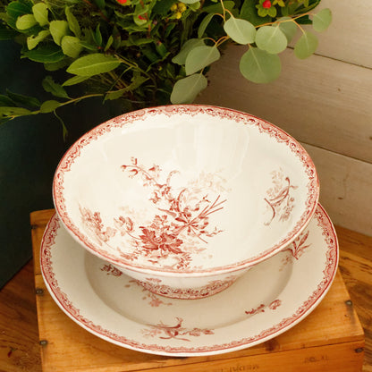 FONTANGES Sarreguemines French Antique Ironstone Red Transferware Round Serving Piece Terre de Fer en Faience