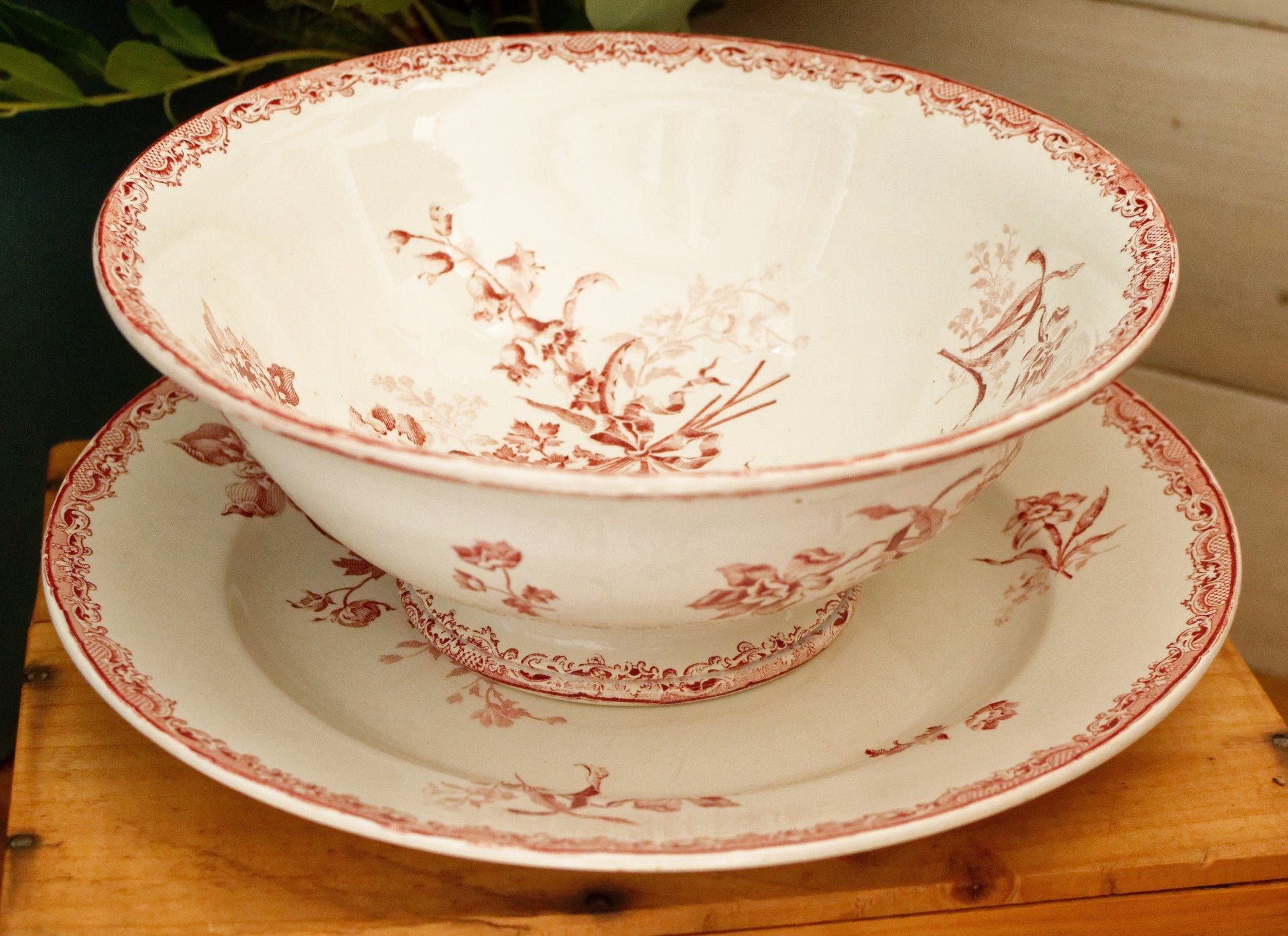 FONTANGES Sarreguemines French Antique Ironstone Red Transferware Round Serving Piece Terre de Fer en Faience