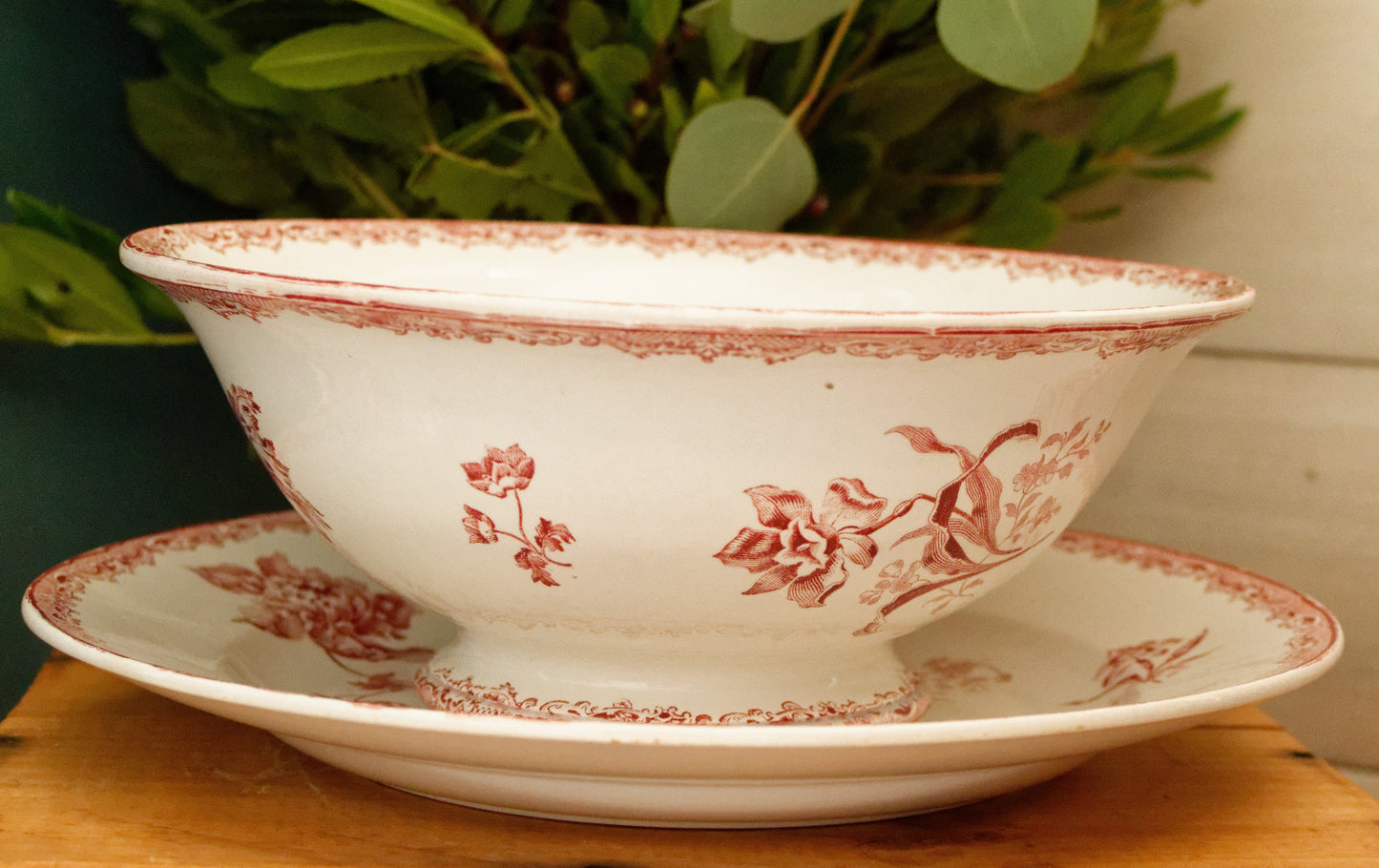 FONTANGES Sarreguemines French Antique Ironstone Red Transferware Round Serving Piece Terre de Fer en Faience