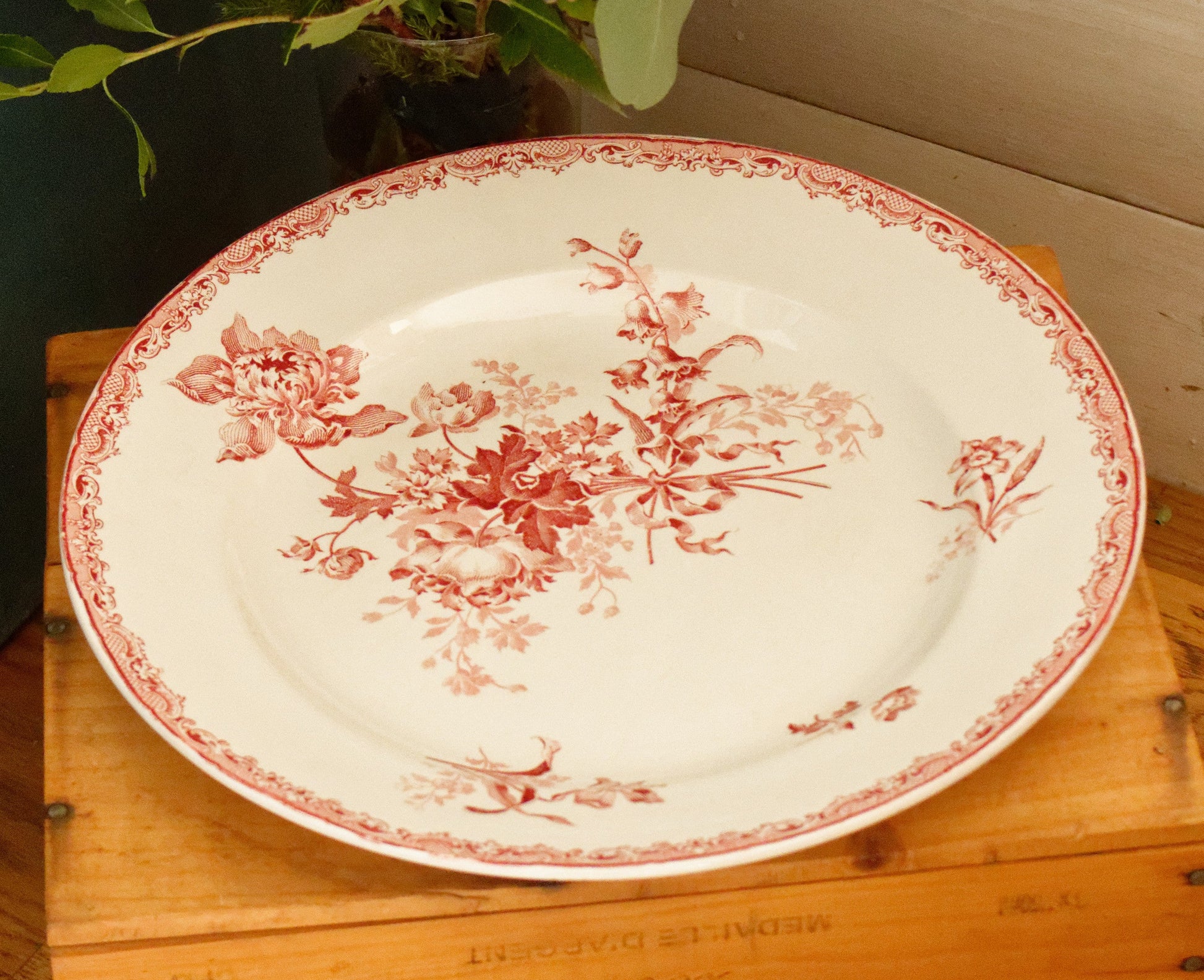 FONTANGES Sarreguemines French Antique Ironstone Red Transferware Round Serving Piece Terre de Fer en Faience